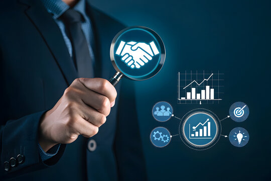 Businessman examines handshake icon with magnifying glass near business analytics graphics agreement