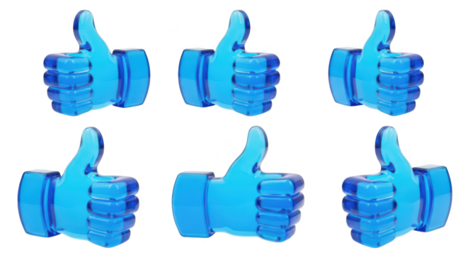 Blue glass thumbs up icons arranged on a white background symbolizing approval and positive feedback Suitable for web design & social media