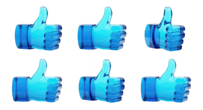 Six transparent blue thumbs up icons arranged on a white background symbolizing approval and positive feedback often used in online content
