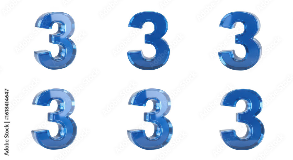 Poster six blue glossy 3d number 3 objects arranged in two rows on white background for graphic design or e