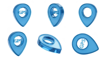 Various blue GPS pin icons on a white background showcasing different angles for mapping or location services usage