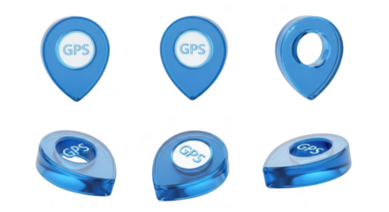 Set of blue GPS location pin icons with clear glass effect showcasing various angles on white background for navigation and travel concepts