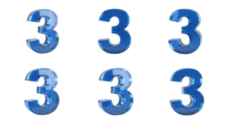 Six blue glossy 3D number 3 objects arranged in two rows on white background for graphic design or educational purposes