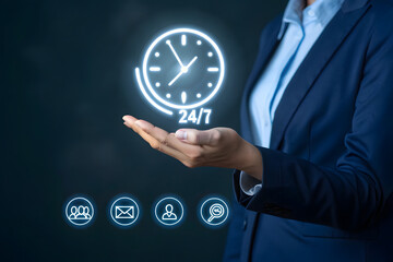 Person in blue suit holding glowing 24/7 clock and service icons time support