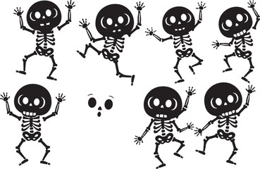 Six dancing black skeletons with wide eyes and open mouths, skeleton, dancing, black, white background, halloween, spooky, creepy, funny, cartoon, illustration, character, bone, anatomy, skeletal, cel
