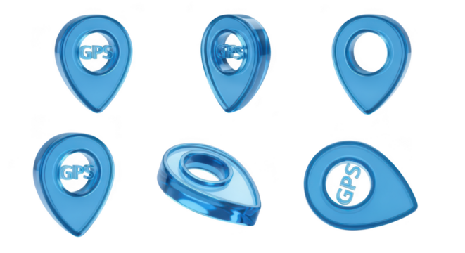 Various blue GPS pin icons on a white background showcasing different angles for mapping or location services usage