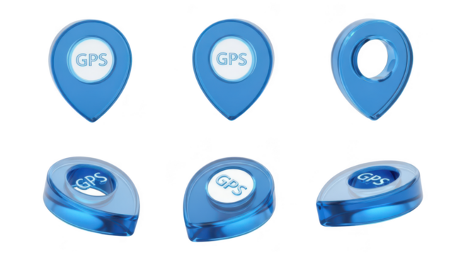 Set of blue GPS location pin icons with clear glass effect showcasing various angles on white background for navigation and travel concepts