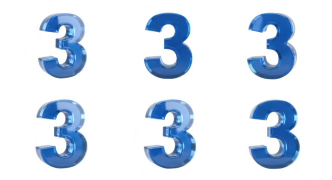 Six blue glossy 3D number 3 objects arranged in two rows on white background for graphic design or educational purposes