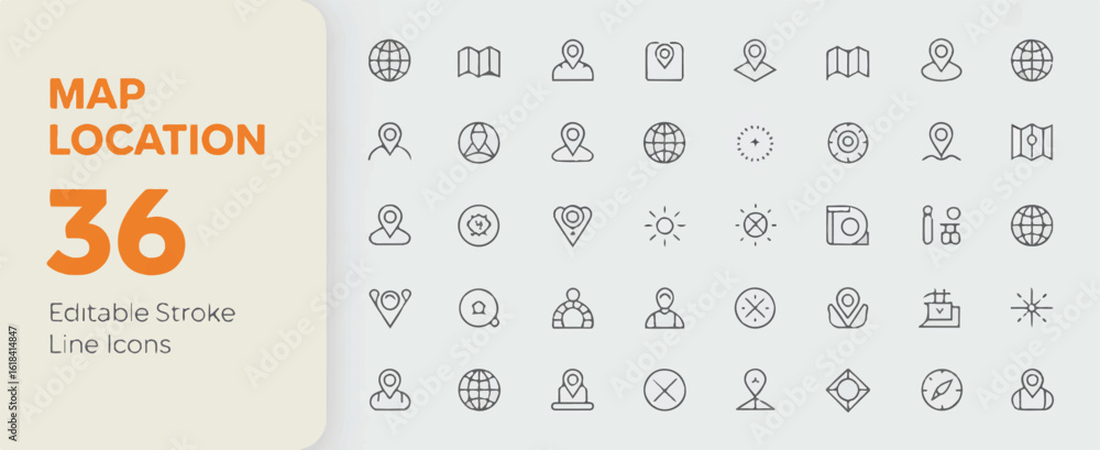 Poster a collection of 36 minimalist line art location and map icons arranged in a grid format.