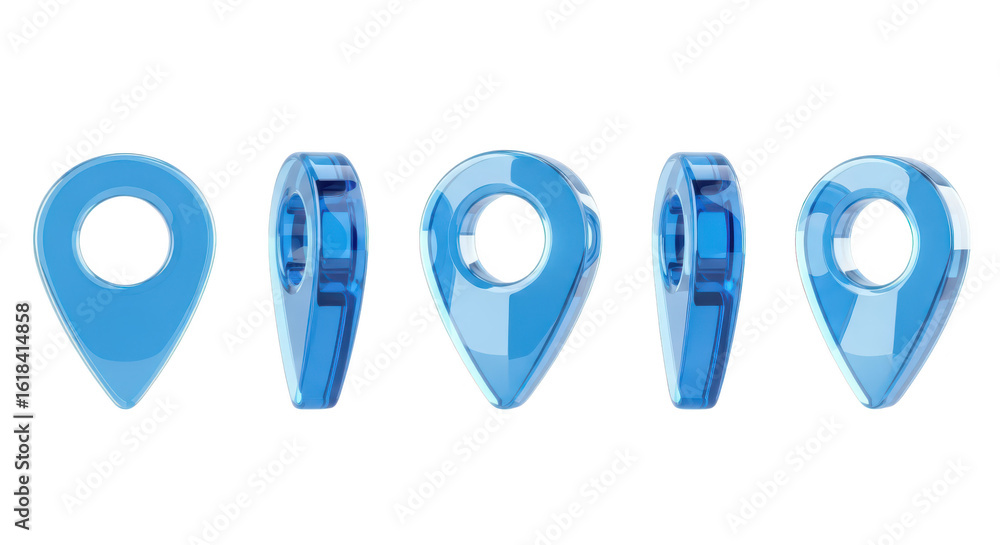 Poster blue 3d location pin icons arranged on a white background indicating navigation or mapping for digit