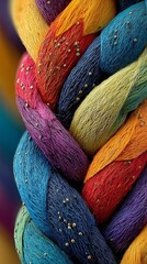 Multicolored Braided Yarn Texture With Woven Threads and Fiber Details in Artistic Close-Up Fabric Pattern