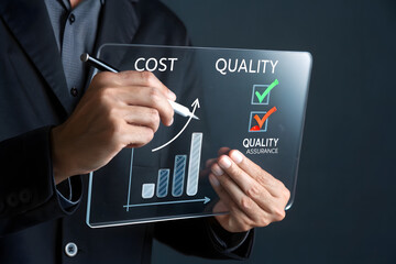 Person reviewing business growth chart and quality checklist on transparent screen graph data