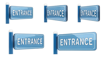 Fototapeta premium Set of blue Entrance signs different views set against a clean white background ideal for wayfinding or signage