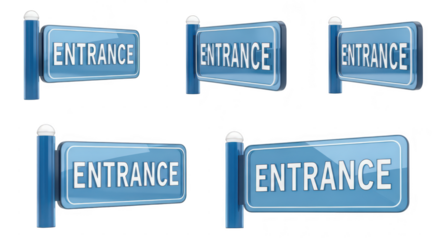 Set of blue Entrance signs different views set against a clean white background ideal for wayfinding or signage