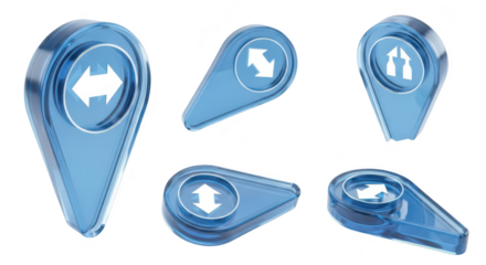 Transparent blue location pin icons with white arrows showing different directions set against a clean white background usable for navigation concepts