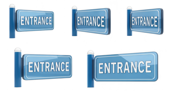 Set of blue Entrance signs different views set against a clean white background ideal for wayfinding or signage