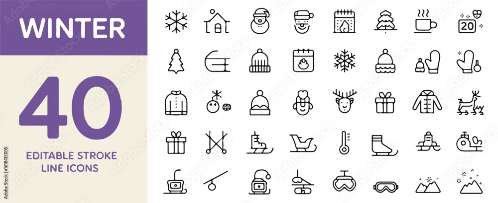 Poster a collection of 40 minimalist winter-themed line icons arranged in a grid format
