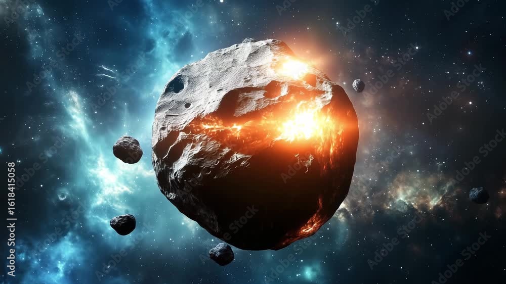 Poster an asteroid moves rapidly across the vastness of space surrounded by colorful cosmic clouds and othe