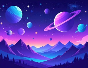 Futuristic Purple Space Landscape with Glowing Planets and Stars Above Mountain Horizon in Vector Style