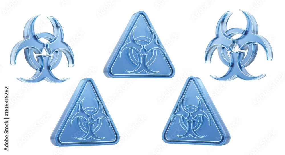 Poster several translucent biohazard symbols and signs are displayed on a white background representing dan