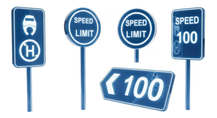 Digital blue road signs indicating speed limits electric vehicle charging and other information against a white background for informational uses