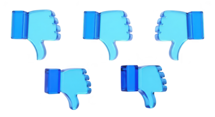 Five glassy blue thumbs-down icons displayed on a white background representing disagreement negative feedback or disapproval for online content