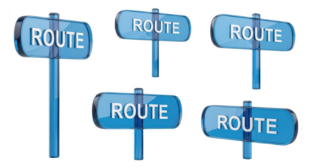 Transparent blue directional signs displaying ROUTE isolated on white providing navigation guidance Useful for wayfinding planning and travel themes