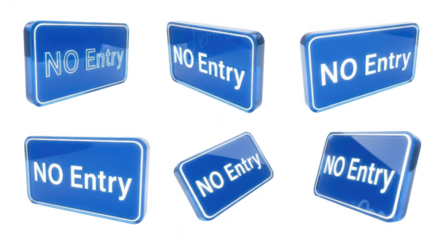 Multiple blue No Entry signs in varying perspectives isolated on a clean white background suggesting access restriction Useful for safety alerts
