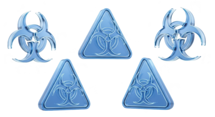 Several translucent biohazard symbols and signs are displayed on a white background representing danger and warning for use in safety communications