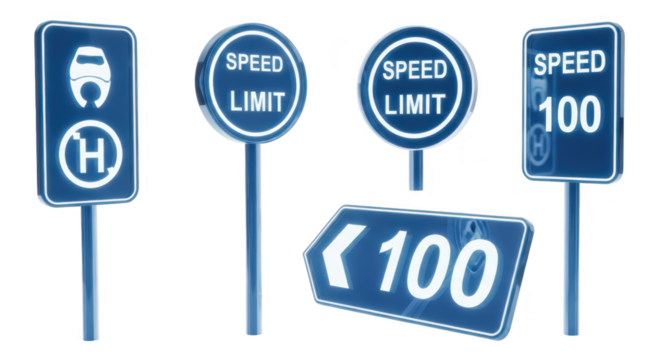 Digital blue road signs indicating speed limits electric vehicle charging and other information against a white background for informational uses