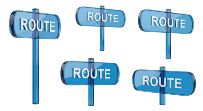 Transparent blue directional signs displaying ROUTE isolated on white providing navigation guidance Useful for wayfinding planning and travel themes