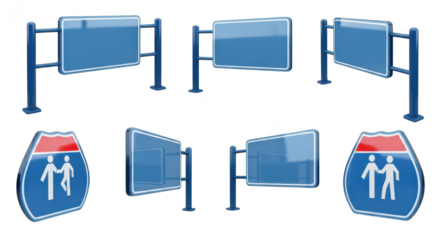 Blue highway signs and route shields isolated on white for navigation and direction