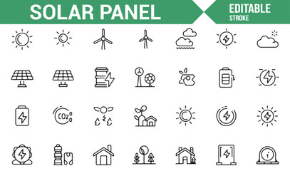 Solar Panel and Renewable Energy Icons Set for Green Power and Sustainability