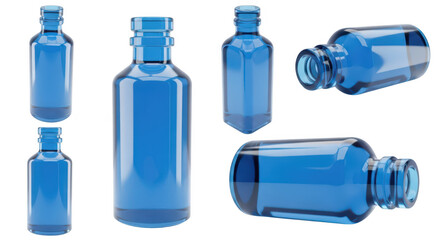 Isolated blue glass bottles varying angles on white background suitable for essential oils liquids or product displays