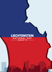 Liechtenstein National Day 15 August cityscape with flag ribbon vector poster