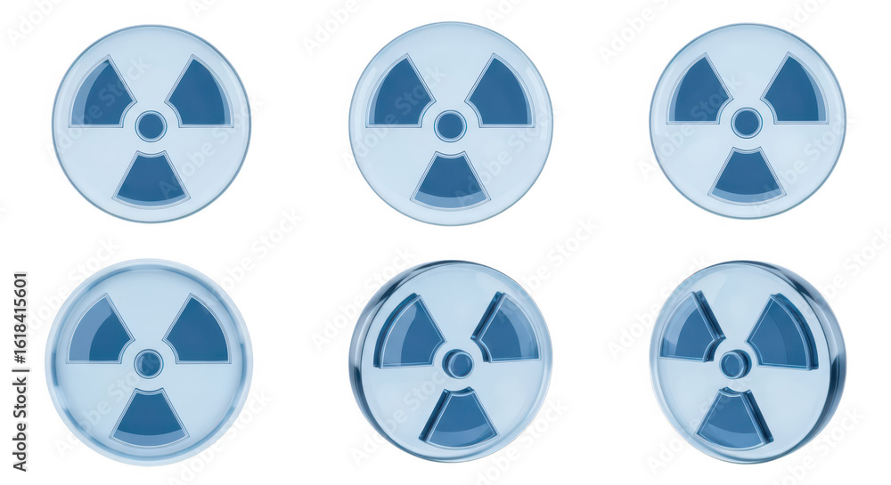 Poster six 3d rendered radioactive symbols arranged in two rows against a white backdrop represent nuclear 