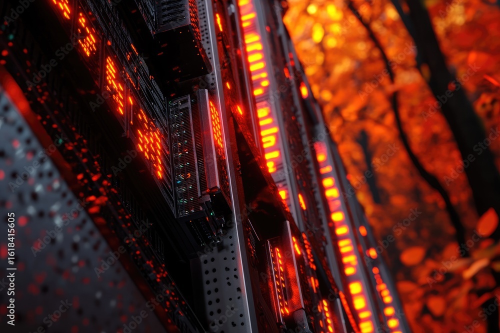 Aufkleber a close-up view of a server rack with glowing red lights, suggesting intense processing.