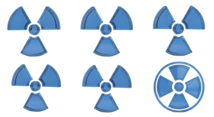 Blue radiation symbols in multiple views against a white background indicating atomic hazard or energy source for science illustrations