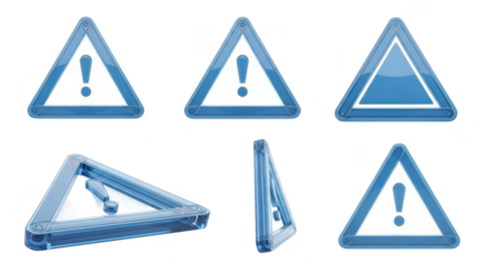 Set of transparent blue warning signs on a white background highlighting different perspectives used for alerts or safety notices