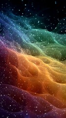Colorful Abstract Wavy Texture With Rainbow Gradient and Starry Light Particles in Digital Cosmic Background