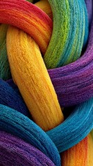 Close-Up of Colorful Braided Fiber Texture With Rainbow Yarn Strands in Abstract Twisted Rope Background
