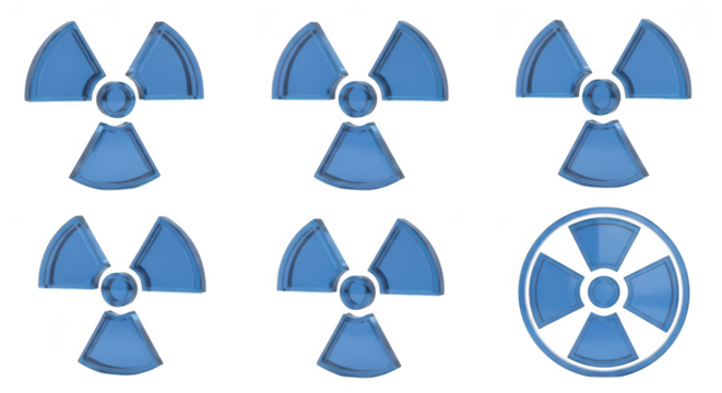 Blue radiation symbols in multiple views against a white background indicating atomic hazard or energy source for science illustrations