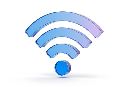 Blue glass wifi symbol with shadow on white background