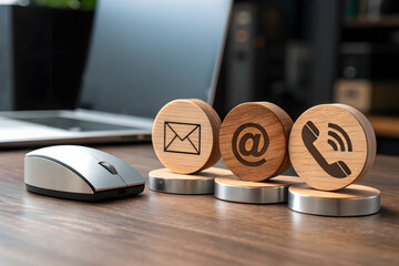 Wooden contact icons email at symbol phone on desk with laptop contact us communication