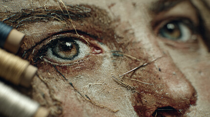 Woman's Face Created By Detailed Embroidery And Sewing On Canvas