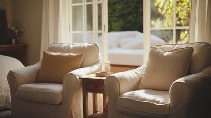 Two beige armchairs with tan pillows sit near a wooden side table in a sunlit room overlooking a patio