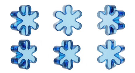 Six blue 3D snowflake ornaments rotating against a white background for winter holiday themes
