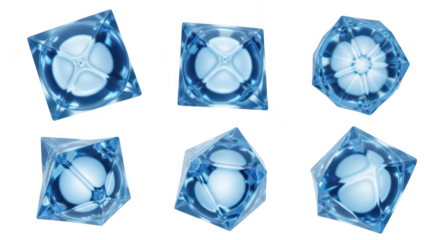 Six blue geometric ice cubes floating against a clean white background symbolizing refreshment coldness and abstract shapes for graphic design