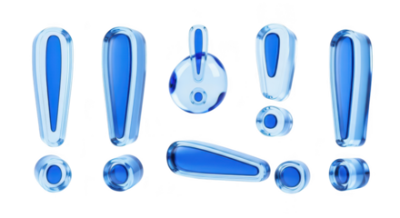 Blue glass exclamation marks in various poses on a white background symbolizing importance and attention-grabbing for digital content