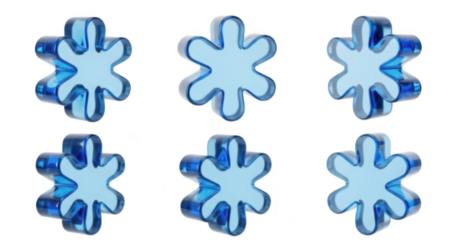 Six blue 3D snowflake ornaments rotating against a white background for winter holiday themes
